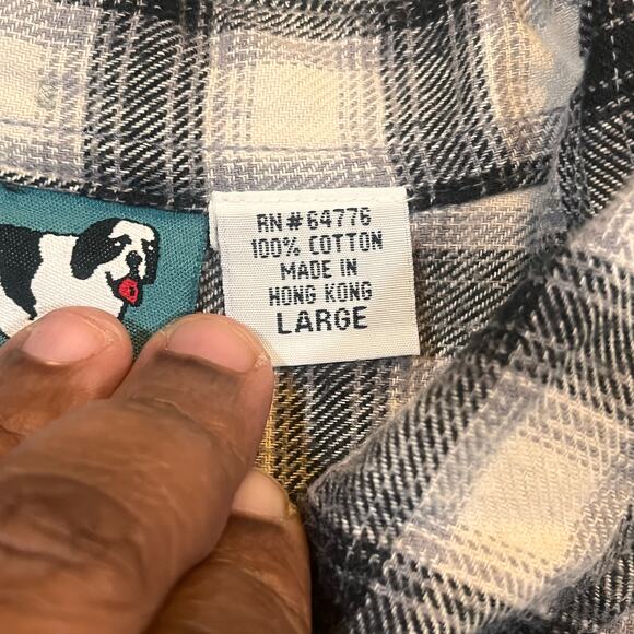 Big Dogs Men Large Flannel Long Sleeve Button Up Black Plaid Big Dog Logo Patch - Picture 6 of 6
